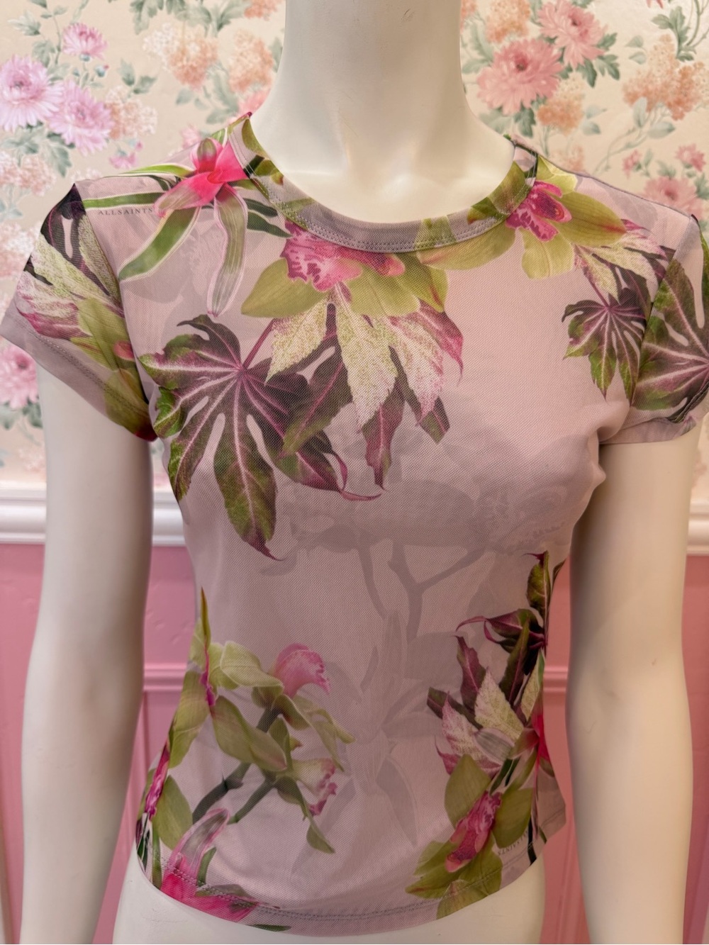AllSaints Pink Floral Mesh Crop Top